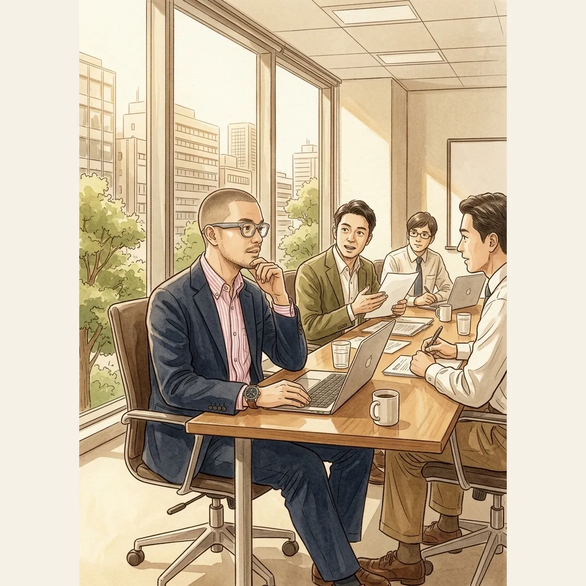 A boardroom scene with the main character at a long table with three colleagues, head uncovered with no baseball cap visible