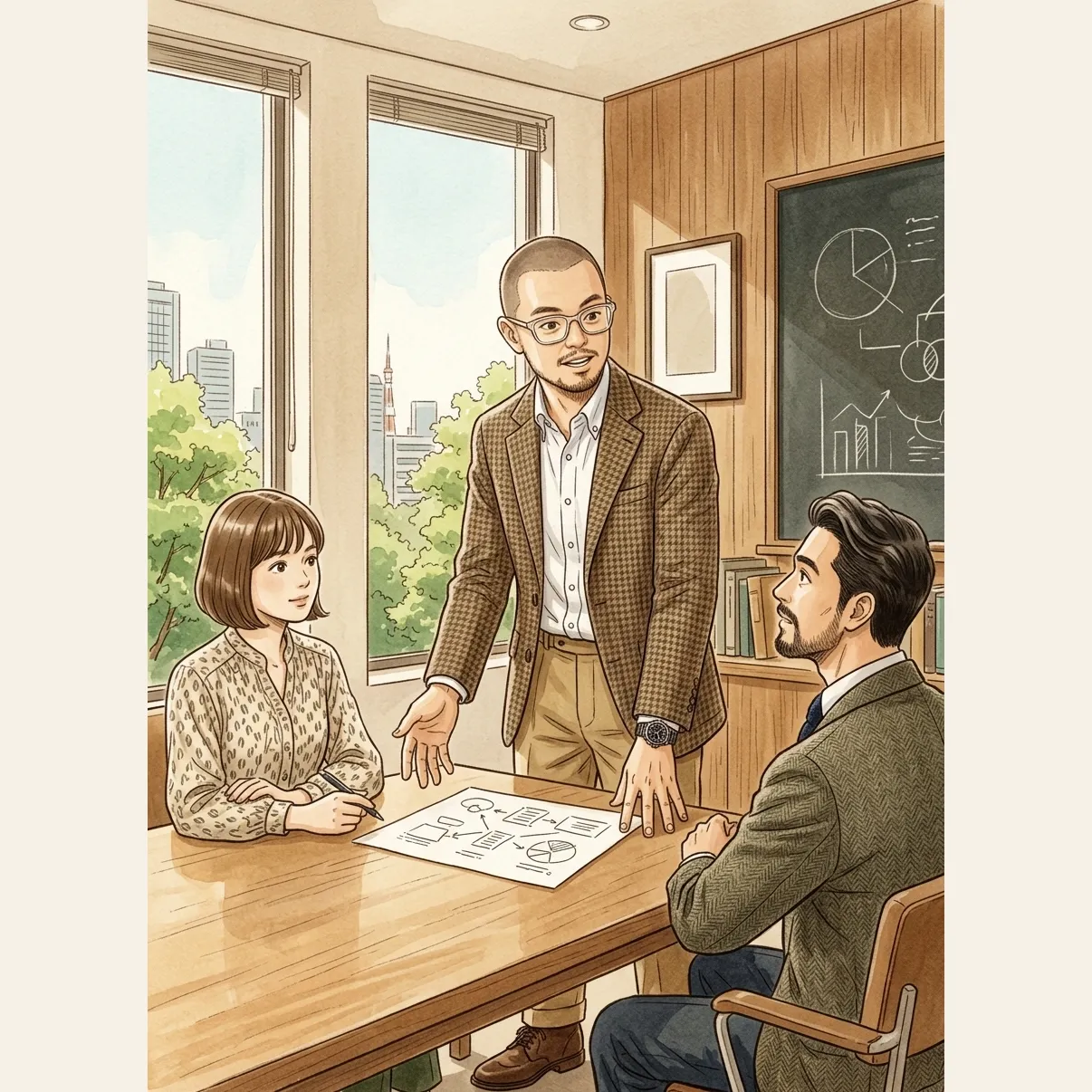 A meeting room scene where the main character is wearing rectangular glasses with clearly transparent lenses, his eyes fully visible
