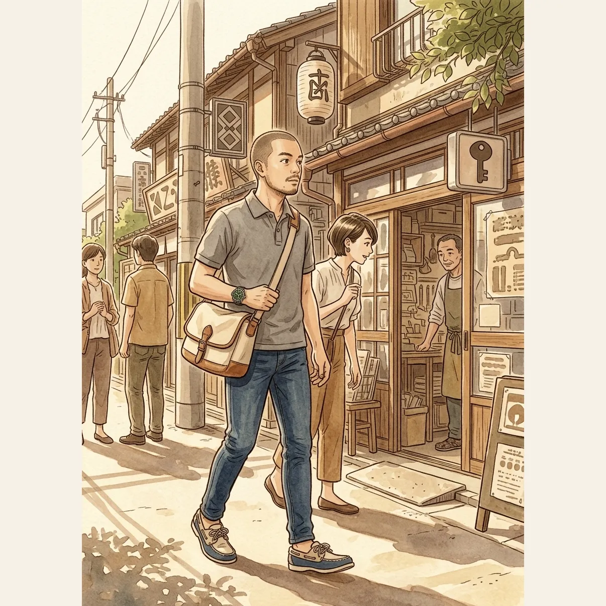 A street scene with the main character walking through a Tokyo backstreet in a casual gray polo, jeans, and boat shoes