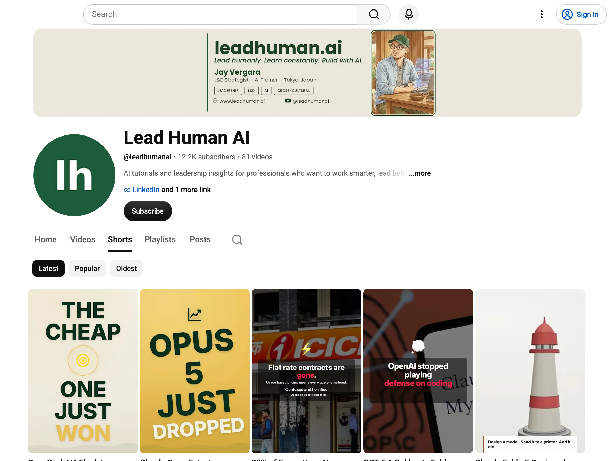leadhuman YouTube channel with 81 videos uploaded by the automated pipeline