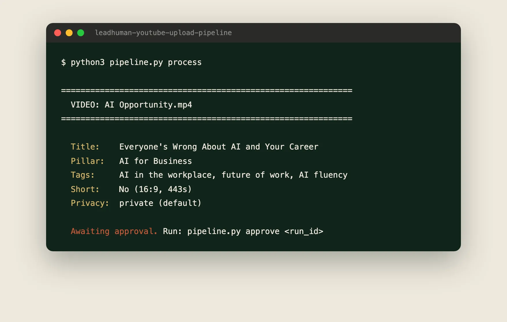 Terminal preview of AI generated YouTube metadata awaiting approval