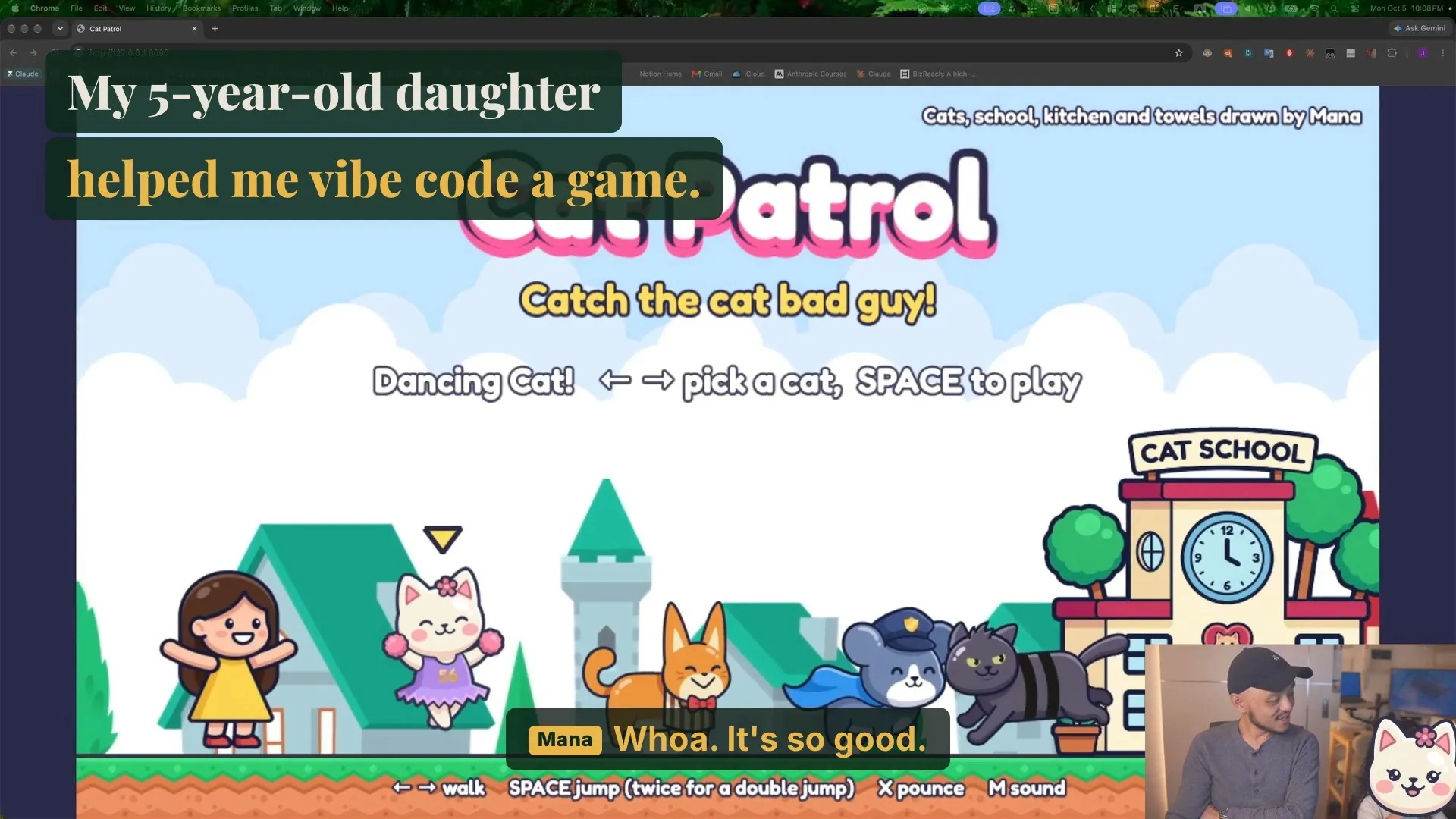 The reveal of Cat Patrol, a game built with Claude Code from a child's drawings, with the title screen and a father and daughter watching