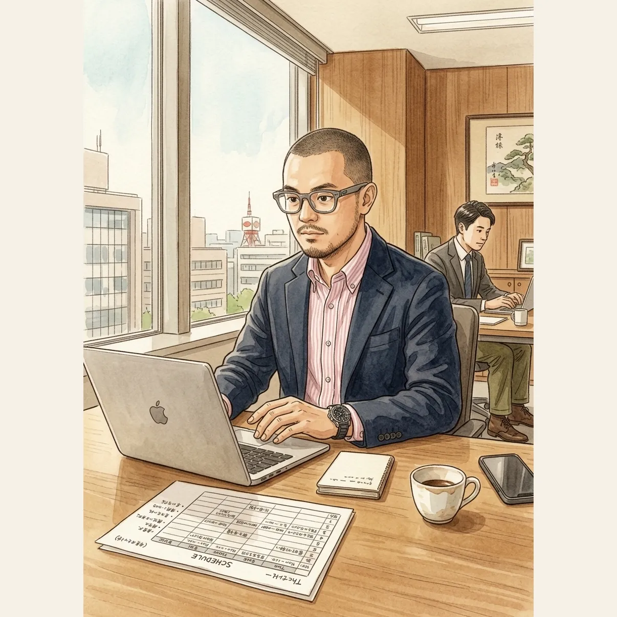 Jay at his laptop in a Tokyo office pulling client context from Gmail, Notion, and Calendar at once