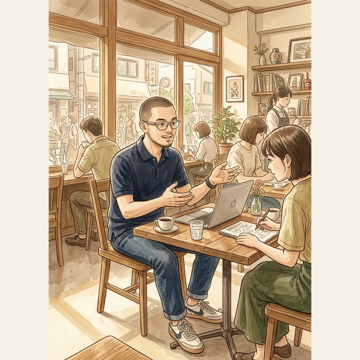 Jay in a Tokyo cafe explaining how to set up an MCP connection to another person across the table