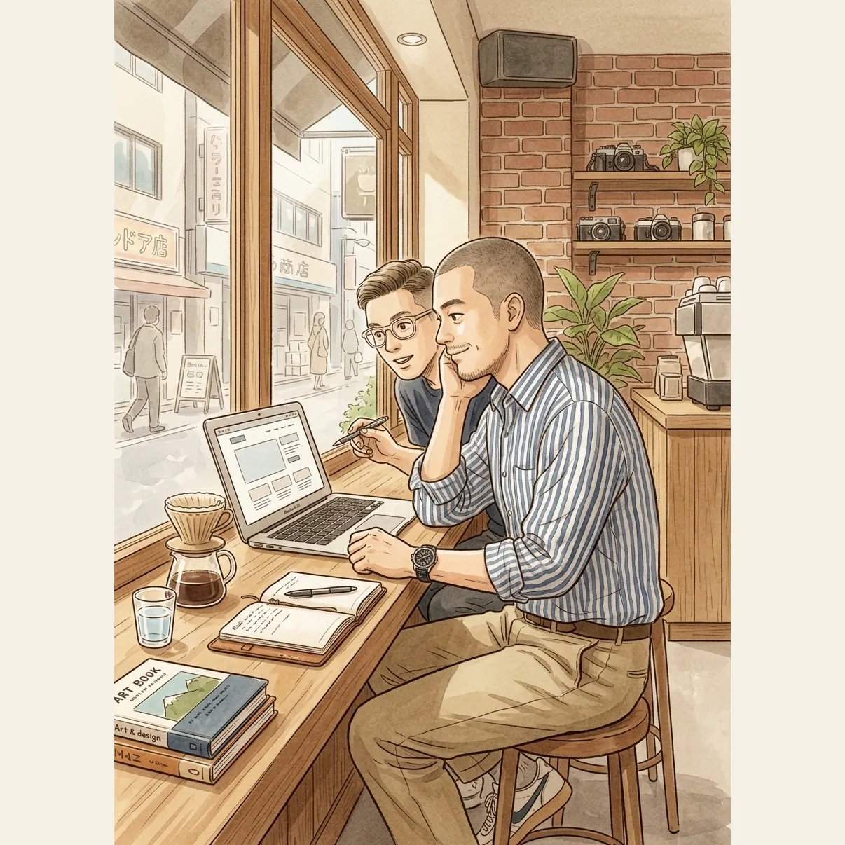 Jay reviewing a website mockup on his laptop at a Tokyo coffee shop window seat