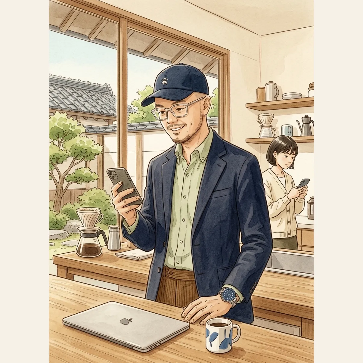 Jay at a kitchen counter checking his phone with a satisfied expression after a deploy