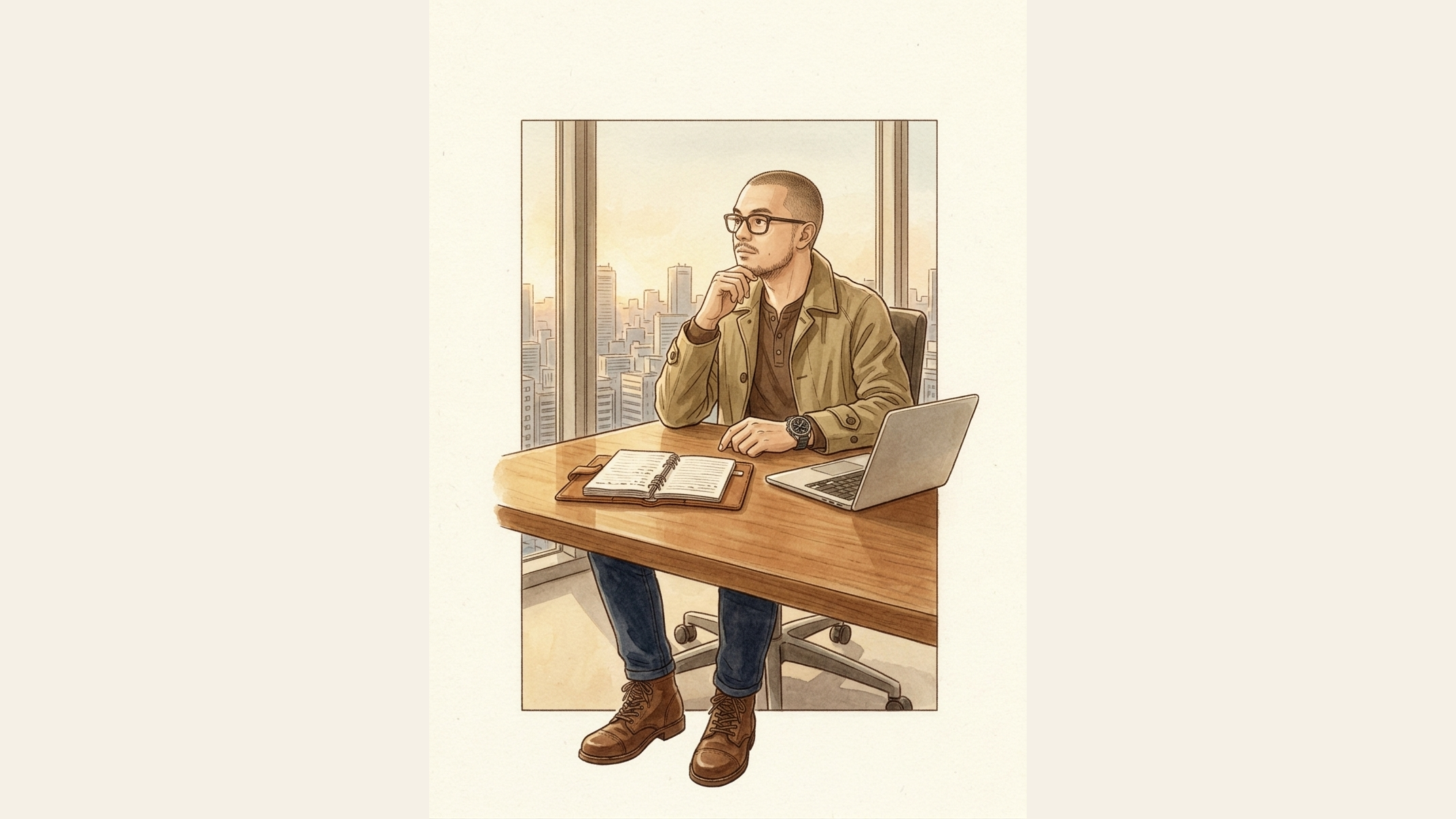 Jay Vergara at his desk in Tokyo, thinking with notebook and laptop
